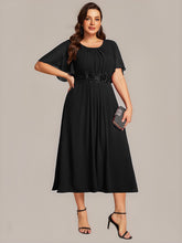 Load image into Gallery viewer, Color=Black | Commercial Wholesale Short Sleeve Ruffle A-Line Midi Dress with Floral Appliques Evening Dresses-Black 10