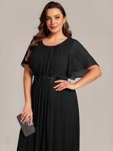 Load image into Gallery viewer, Color=Black | Commercial Wholesale Short Sleeve Ruffle A-Line Midi Dress with Floral Appliques Evening Dresses-Black 8