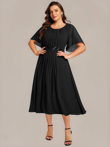 Color=Black | Commercial Wholesale Short Sleeve Ruffle A-Line Midi Dress with Floral Appliques Evening Dresses-Black 6