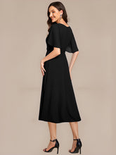 Load image into Gallery viewer, Color=Black | Commercial Wholesale Short Sleeve Ruffle A-Line Midi Dress with Floral Appliques Evening Dresses-Black 2