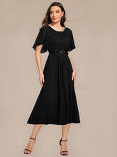 Load image into Gallery viewer, Color=Black | Commercial Wholesale Short Sleeve Ruffle A-Line Midi Dress with Floral Appliques Evening Dresses-Black 4