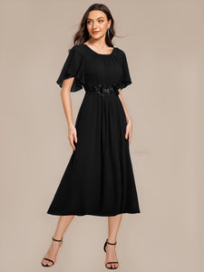 Color=Black | Commercial Wholesale Short Sleeve Ruffle A-Line Midi Dress with Floral Appliques Evening Dresses-Black 4