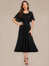 Load image into Gallery viewer, Color=Black | Commercial Wholesale Short Sleeve Ruffle A-Line Midi Dress with Floral Appliques Evening Dresses-Black 5