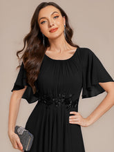 Load image into Gallery viewer, Color=Black | Commercial Wholesale Short Sleeve Ruffle A-Line Midi Dress with Floral Appliques Evening Dresses-Black 3