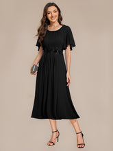 Load image into Gallery viewer, Color=Black | Commercial Wholesale Short Sleeve Ruffle A-Line Midi Dress with Floral Appliques Evening Dresses-Black 1