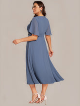 Load image into Gallery viewer, Color=Dusty Blue | Commercial Wholesale Short Sleeve Ruffle A-Line Midi Dress with Floral Appliques Evening Dresses-Dusty Blue 17