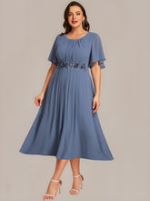 Load image into Gallery viewer, Color=Dusty Blue | Commercial Wholesale Short Sleeve Ruffle A-Line Midi Dress with Floral Appliques Evening Dresses-Dusty Blue 19