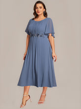 Load image into Gallery viewer, Color=Dusty Blue | Commercial Wholesale Short Sleeve Ruffle A-Line Midi Dress with Floral Appliques Evening Dresses-Dusty Blue 20