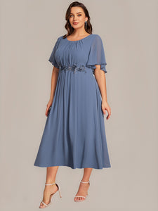 Color=Dusty Blue | Commercial Wholesale Short Sleeve Ruffle A-Line Midi Dress with Floral Appliques Evening Dresses-Dusty Blue 20