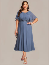 Load image into Gallery viewer, Color=Dusty Blue | Commercial Wholesale Short Sleeve Ruffle A-Line Midi Dress with Floral Appliques Evening Dresses-Dusty Blue 16