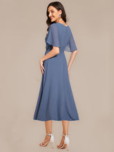 Load image into Gallery viewer, Color=Dusty Blue | Commercial Wholesale Short Sleeve Ruffle A-Line Midi Dress with Floral Appliques Evening Dresses-Dusty Blue 12