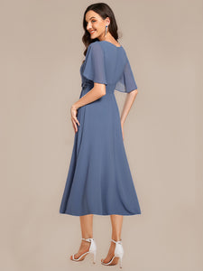 Color=Dusty Blue | Commercial Wholesale Short Sleeve Ruffle A-Line Midi Dress with Floral Appliques Evening Dresses-Dusty Blue 12