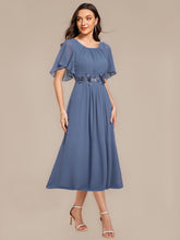 Load image into Gallery viewer, Color=Dusty Blue | Commercial Wholesale Short Sleeve Ruffle A-Line Midi Dress with Floral Appliques Evening Dresses-Dusty Blue 14