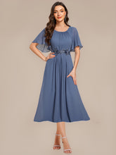 Load image into Gallery viewer, Color=Dusty Blue | Commercial Wholesale Short Sleeve Ruffle A-Line Midi Dress with Floral Appliques Evening Dresses-Dusty Blue 15