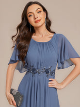 Load image into Gallery viewer, Color=Dusty Blue | Commercial Wholesale Short Sleeve Ruffle A-Line Midi Dress with Floral Appliques Evening Dresses-Dusty Blue 13