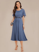 Load image into Gallery viewer, Color=Dusty Blue | Commercial Wholesale Short Sleeve Ruffle A-Line Midi Dress with Floral Appliques Evening Dresses-Dusty Blue 11