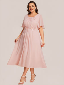 Color=Pink | Commercial Wholesale Short Sleeve Ruffle A-Line Midi Dress with Floral Appliques Evening Dresses-Pink 29