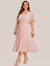 Load image into Gallery viewer, Color=Pink | Commercial Wholesale Short Sleeve Ruffle A-Line Midi Dress with Floral Appliques Evening Dresses-Pink 30