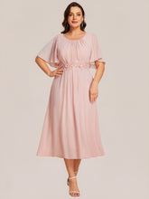 Load image into Gallery viewer, Color=Pink | Commercial Wholesale Short Sleeve Ruffle A-Line Midi Dress with Floral Appliques Evening Dresses-Pink 26