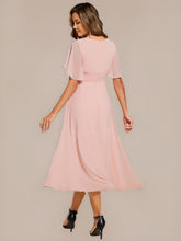 Load image into Gallery viewer, Color=Pink | Commercial Wholesale Short Sleeve Ruffle A-Line Midi Dress with Floral Appliques Evening Dresses-Pink 22