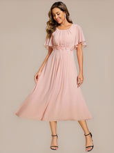 Load image into Gallery viewer, Color=Pink | Commercial Wholesale Short Sleeve Ruffle A-Line Midi Dress with Floral Appliques Evening Dresses-Pink 24