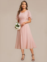 Load image into Gallery viewer, Color=Pink | Commercial Wholesale Short Sleeve Ruffle A-Line Midi Dress with Floral Appliques Evening Dresses-Pink 25