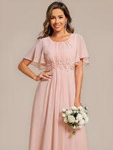 Load image into Gallery viewer, Color=Pink | Commercial Wholesale Short Sleeve Ruffle A-Line Midi Dress with Floral Appliques Evening Dresses-Pink 23