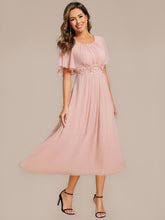 Load image into Gallery viewer, Color=Pink | Commercial Wholesale Short Sleeve Ruffle A-Line Midi Dress with Floral Appliques Evening Dresses-Pink 21