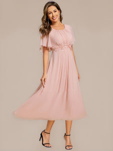 Color=Pink | Commercial Wholesale Short Sleeve Ruffle A-Line Midi Dress with Floral Appliques Evening Dresses-Pink 21
