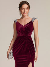 Load image into Gallery viewer, Burgundy | Commercial Wholesale Plus Size Sleeveless Velvet V-Neck Sequin Mermaid Maxi Evening Dresses