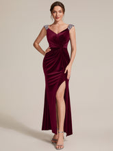 Load image into Gallery viewer, Burgundy | Commercial Wholesale Plus Size Sleeveless Velvet V-Neck Sequin Mermaid Maxi Evening Dresses