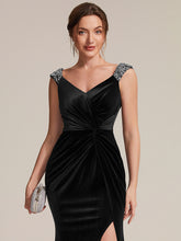 Load image into Gallery viewer, Burgundy | Commercial Wholesale Plus Size Sleeveless Velvet V-Neck Sequin Mermaid Maxi Evening Dresses