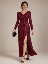 Load image into Gallery viewer, Burgundy | One Stop Shop Plus Size Long-Sleeve Sequin V-Neck Maxi Sheath Evening Dresses-Burgundy