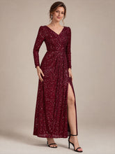 Load image into Gallery viewer, Burgundy | One Stop Shop Plus Size Long-Sleeve Sequin V-Neck Maxi Sheath Evening Dresses-Burgundy