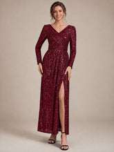 Load image into Gallery viewer, Burgundy | One Stop Shop Plus Size Long-Sleeve Sequin V-Neck Maxi Sheath Evening Dresses-Burgundy