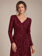 Load image into Gallery viewer, Burgundy | One Stop Shop Plus Size Long-Sleeve Sequin V-Neck Maxi Sheath Evening Dresses-Burgundy