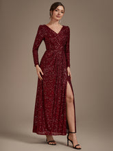 Load image into Gallery viewer, Burgundy | One Stop Shop Plus Size Long-Sleeve Sequin V-Neck Maxi Sheath Evening Dresses-Burgundy