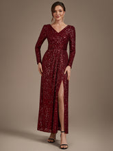 Load image into Gallery viewer, Burgundy | One Stop Shop Plus Size Long-Sleeve Sequin V-Neck Maxi Sheath Evening Dresses-Burgundy