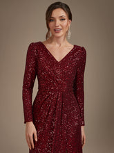 Load image into Gallery viewer, Burgundy | One Stop Shop Plus Size Long-Sleeve Sequin V-Neck Maxi Sheath Evening Dresses-Burgundy
