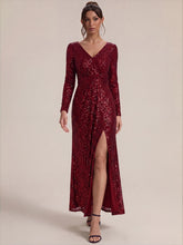 Load image into Gallery viewer, Burgundy | One Stop Shop Plus Size Long-Sleeve Sequin V-Neck Maxi Sheath Evening Dresses-Burgundy
