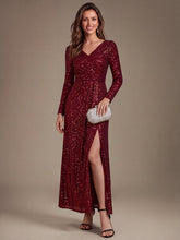 Load image into Gallery viewer, Burgundy | One Stop Shop Plus Size Long-Sleeve Sequin V-Neck Maxi Sheath Evening Dresses-Burgundy