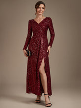 Load image into Gallery viewer, Burgundy | One Stop Shop Plus Size Long-Sleeve Sequin V-Neck Maxi Sheath Evening Dresses-Burgundy
