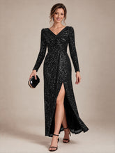 Load image into Gallery viewer, Black | One Stop Shop Plus Size Long-Sleeve Sequin V-Neck Maxi Sheath Evening Dresses-Black