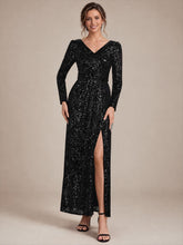Load image into Gallery viewer, Black | One Stop Shop Plus Size Long-Sleeve Sequin V-Neck Maxi Sheath Evening Dresses-Black