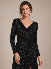 Load image into Gallery viewer, Black | One Stop Shop Plus Size Long-Sleeve Sequin V-Neck Maxi Sheath Evening Dresses-Black