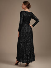 Load image into Gallery viewer, Black | One Stop Shop Plus Size Long-Sleeve Sequin V-Neck Maxi Sheath Evening Dresses-Black