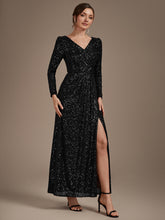 Load image into Gallery viewer, Black | One Stop Shop Plus Size Long-Sleeve Sequin V-Neck Maxi Sheath Evening Dresses-Black
