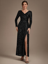 Load image into Gallery viewer, Black | One Stop Shop Plus Size Long-Sleeve Sequin V-Neck Maxi Sheath Evening Dresses-Black