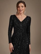 Load image into Gallery viewer, Black | One Stop Shop Plus Size Long-Sleeve Sequin V-Neck Maxi Sheath Evening Dresses-Black
