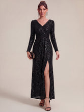 Load image into Gallery viewer, Black | One Stop Shop Plus Size Long-Sleeve Sequin V-Neck Maxi Sheath Evening Dresses-Black